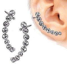 316L Surgical Steel Descending Gems Crescent Cartilage Earring - Fashion Hut Jewelry Top Ear Piercing, Cute Cartilage Earrings, Ear Jacket Earring Gold, Earring Cuffs, Upper Ear Piercing, Ear Peircings, Gold Ear Jacket, Tragus Jewelry, Cartilage Jewelry