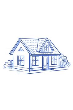 a blue drawing of a house on a white background