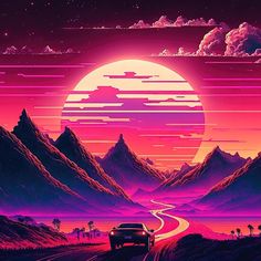 a car driving down a road in front of the sun with mountains and clouds behind it