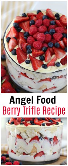 an angel food berry trifle recipe in a glass dish