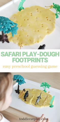 a child playing with safari play dough footprints on a white tray, and the words safari play dough footprints