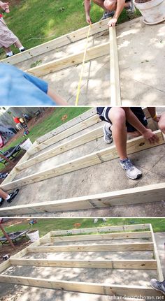 three pictures of people working on building a house with wooden boards and plywood planks