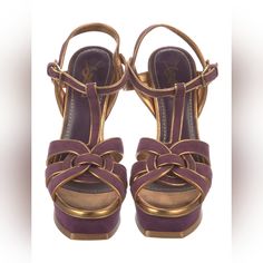 "Rare & Collective" Like New - Never Worn Outdoors Us: 9 It: 39 Luxury Purple Evening Sandals, Luxury Round Toe Purple Sandals, Luxury Purple Round Toe Sandals, Luxury Purple Sandals With Round Toe, Designer Purple Sandals For Formal Occasions, Luxury Purple Leather Sandals, Yves Saint Laurent Shoes, Saint Laurent Shoes, T Strap Sandals