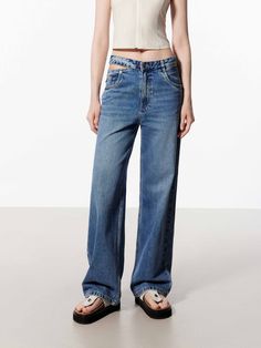 MO&Co. Women's Deconstructed Cotton Jeans Features : - Straight leg- High waist with cut-out detailsCode: MBC3JENT08Length of size M is 106cm MATERIALS & CARE : Material : 100% CottonUse a washing machine at the mild process of 30 centigradeDo not bleach, hang to dryIron and dry at low temperature Do not dry clean, do not expose to the sunWash separately, do not soakTips : The denim product has a slight color fading, which is a normal phenomenon.REMINDER: All items are measured manually. Please Trending Jeans For Women, Trending Jeans, Cotton Jeans, Jean Trends, Jeans For Women, Straight Jeans, Jeans Fit, Washing Machine, Cut Out