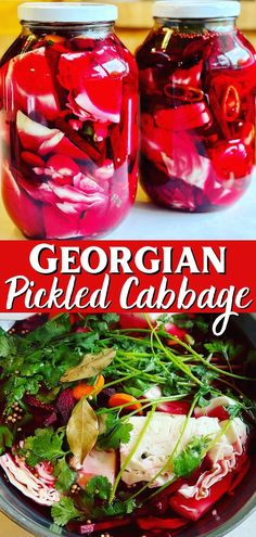 two jars filled with pickled cabbage and garnish on top of a table