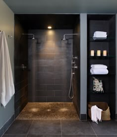 a walk in shower sitting inside of a bathroom