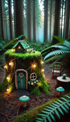 a fairy house in the middle of a forest filled with green plants and mushrooms is lit up by fairy lights