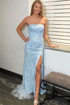 Light Sky Blue Mermaid Strapless Split Prom Dress With Lace Appliques Blue Lace Prom Dress, Sky Blue Prom Dress, Prom Dress Strapless, Light Blue Prom, Prom Dresses Long Blue, Best Formal Dresses, Light Blue Prom Dress, Prom Dresses Long Lace, Strapless Prom Dress