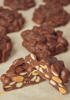 chocolate and nuts are arranged on top of each other