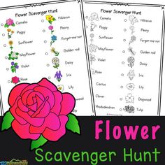 two flower scavengers with flowers on them and the words flower scavenger hunt