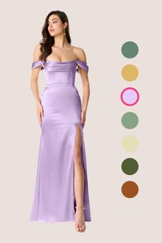 a woman in a long purple dress standing next to an assortment of color swatches