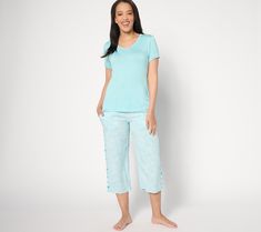 Soft pastel hues and fresh, light-hearted patterns make this Petal Knit pajama set a must-have for spring/summer days and sunny vacays. Staying all day in your PJs: encouraged. From MUK LUKS. Casual Light Blue Pajama Party Sets, Blue Sets For Relaxation In Spring, Casual Light Blue Sleepwear For Pajama Party, Comfortable Spring Beach Sleepwear, Comfortable Beach Sleepwear For Spring, Lounging Sets For Spring And Summer, Light Blue Casual Sleepwear For Loungewear, Casual Light Blue Sleepwear For Loungewear, Light Blue Relaxed Fit Sleepwear For Summer