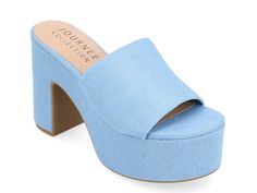 Casual Blue Platform Slippers For Summer, Blue Synthetic Platform Slippers For Summer, Casual Chunky Platform Heels For Summer, Casual Summer Chunky Platform Heels, Summer Block Heel Sandals In Fabric, Trendy Spring Platform Slippers With Textured Footbed, Trendy Summer Platform Slippers With Block Heel, Summer Fabric Sandals With Block Heel, Trendy Textured Platform Slippers For Spring