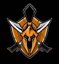 an orange and black logo with two crossed swords on the bottom, in front of a dark background