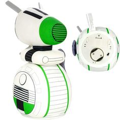 a white and green robot is next to an electrical outlet on a white background,