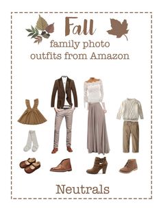 an advertisement for the fall family photo outfits from amazon's neutrals collection is shown