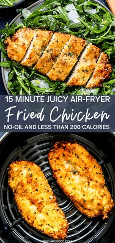 grilled chicken on the grill with green vegetables and salad in the foreground text reads, 16 minute juicy air fryer fried chicken no - oil and less than 20 calories