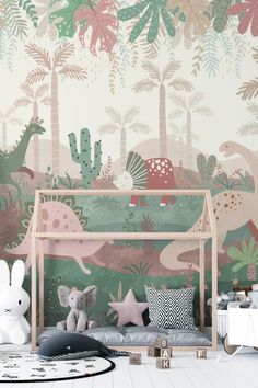 an animal themed children's room with pink and green wallpaper