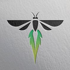 a green and black insect logo on a white background