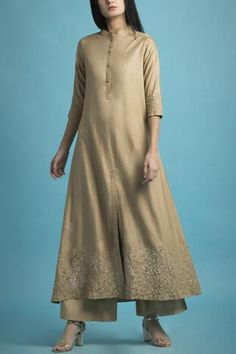 Shop for Saksham Neharicka Beige Silk Kurta Palazzo Set for Women Online at Aza Fashions Collar Kurta, Kurti With Palazzo, Kurta Palazzo Set, Beige Silk, A Line Kurta, Palazzo Set, Silk Kurta, Kurta Designs, Band Collar