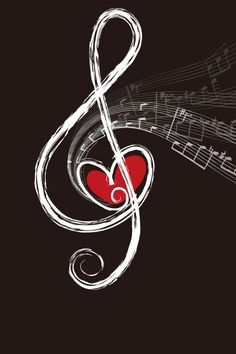 music notes with a red heart and musical staffs on black background illustration for valentine's day