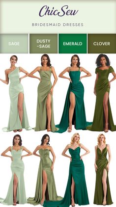 the bridesmaid dresses are available in different colors and styles, including one with high slit