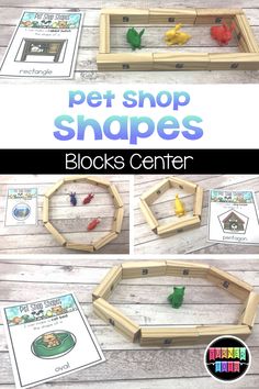 the instructions for how to make a pet shop shape with wooden frames and plastic animals