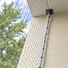 a cat sitting on the side of a building with a chain link fence around it