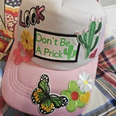 Brand New Trucker Hat. It Has 11 Patches On It. It Says Don't Be A Prick With A Cactus To The Side. Hat Color Is Light Pink (Baby Pink) And White. Very Cute And Sassy! Funny Trucker Hats, Trucker Hats For Women, Custom Caps, Patch Design, Pink Baby