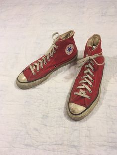 "1980s Converse Chuck Taylor hi-tops made in USA red canvas extra stitch good vintage condition, light wear label size 12 measures, insole-11 3/4\" sole-12 1/2\" width-4\" height-6\"" Vintage Red Mid-top Sneakers, Vintage High-top Sneakers With Rubber Toe Cap, Retro Cotton High-top Sneakers With Round Toe, Vintage Canvas Shoes With Rubber Toe Cap For Streetwear, Vintage Red Sneakers With Vulcanized Sole, Vintage Low-top Canvas Shoes With Rubber Toe Cap, Red Vintage Sneakers With Vulcanized Sole, Vintage Canvas Shoes With Rubber Sole For Streetwear, Retro Mid-top Cotton Canvas Shoes