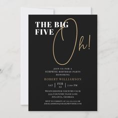 a black and gold birthday party card with the word, the big five on it