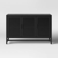 a black cabinet with three doors on one side and an open door on the other