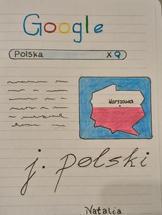 a notepad with a drawing of the state of poland and google logo on it