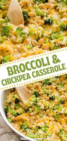 broccoli and chickpea casserole in a white dish with a wooden spoon