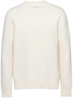 cream white wool-cashmere blend knitted construction embroidered logo to the front crew neck long sleeves ribbed cuffs and hem Prada Logo, Embroidered Wool, Cashmere Jumper, Statement Shirt, Knitwear Men, Cashmere Wool, Prince Harry, Padded Jacket, Wool Sweater