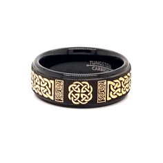 "This Matte Black and Gold Celtic Tungsten Wedding Band is absolutely gorgeous. It can be personalized with an inside engraving with no additional charge. The ring is made to order and it's available from sizes 5 to 15. The inside of the band is rounded for Comfort Fit. This exquisite ring is a great addition to any attire. It can be worn as a Friendship Ring, Promise Ring, Engagement Ring and Wedding Band. If you like the design, but prefer a different ring style with a different plating, pleas Celtic Wedding Bands, Engagement Ring And Wedding Band, Friendship Ring, Tungsten Mens Rings, Celtic Knot Ring, Engraved Ring, Friendship Rings, Celtic Wedding, Black Tungsten