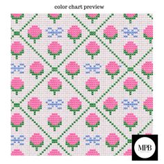 a cross stitch pattern with pink flowers and green leaves on the bottom half of it