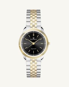 A round womens watch in silver and 14k gold from Waldor & Co. with black sunray dial and a second hand. Seiko movement. The model is Imperial 32 Positano 32mm. Silver Watches Women, Timeless Watches, Swedish Design, Positano, Beautiful Watches, 22k Gold, Silver Watch, Watch Brands, Time Piece