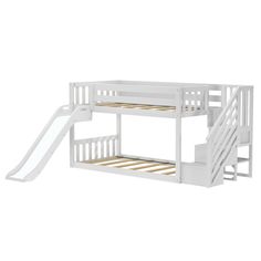 a white bunk bed with a slide next to it