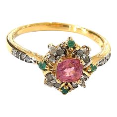 Bochic “Orient” Diamond, Ruby & Emerald Vintage Cluster Ring Set 18k & Silver Size Us 7 | Chairish Ruby And Emerald Ring, Antique Ruby Ring, Vintage Solitaire Engagement Ring, Vintage Cluster Ring, Cluster Ring Set, Gold Cocktail Ring, Ruby Emerald, 18k Gold Ring, Grey Diamond