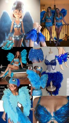 a collage of photos with blue and black costumes