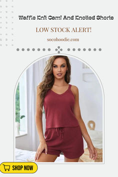 Embrace cozy elegance with our Waffle Knit Cami and Knotted Shorts Lounge Set! 🌟💖 This stylish duo features a soft waffle-knit cami paired with trendy knotted shorts, making it the perfect choice for relaxed days at home or casual outings. The breathable fabric ensures ultimate comfort, while the chic design adds a touch of flair to your loungewear collection.  #LoungeSet #CozyChic #WaffleKnit #CasualStyle #SocoHoodie #WardrobeEssentials Casual Loungewear Sets With Spaghetti Straps, Trendy Sleeveless Loungewear Set, Casual Ribbed Summer Sets, Casual Seamless Solid Color Sets, Casual Spring Cami Sets, Summer Loungewear Sets With Drawstring, Cozy Chic, Lounge Set, Lounge Sets