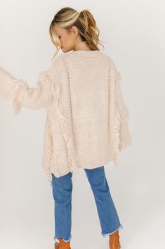 cream // drop shoulder, long sleeves, fringe detail paired with our be my baby ribbed top + apollo distressed denim + brayden western boot model is 5'8" + wearing a small measurements are approximate + taken while laying flat small : bust 47” length 27” medium : bust 49” length 28” large : bust 51" length 29" more fit + fabric info : acrylic // fabric has a lot of stretch // relaxed fit Western Boot, Be My Baby, Acrylic Fabric, Ribbed Top, Large Bust, Small Bust, Western Boots, Distressed Denim, Drop Shoulder