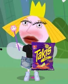 a cartoon character holding a bag of taks in front of her face and looking at the camera