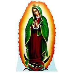 the icon of our lady of guadalupe is shown in red, green and yellow colors