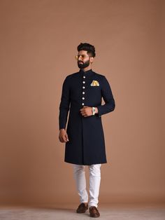 Designer Blue Traditional Wear For Reception, Designer Blue Kurta For Formal Occasions, Semi-formal Traditional Blue Wear, Semi-formal Blue Traditional Wear, Blue Semi-formal Traditional Wear, Elegant Semi-formal Blue Traditional Wear, Elegant Blue Semi-formal Traditional Wear, Blue Traditional Wear With Dabka For Groom, Fitted Blue Kurta For Groom