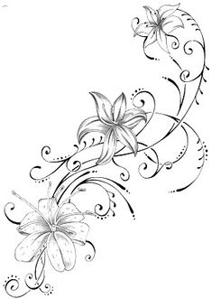 a drawing of flowers with swirls and leaves