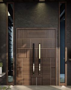 a modern wooden door with glass panels