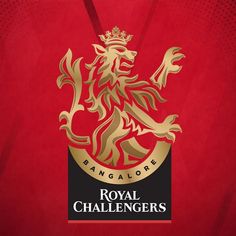 the royal challengers logo is shown on a red and black background with gold foil