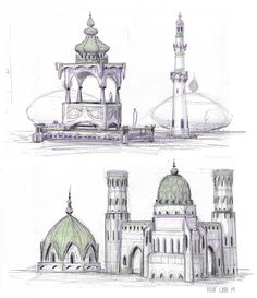 two drawings of different buildings with domes and minas on top, one in the foreground